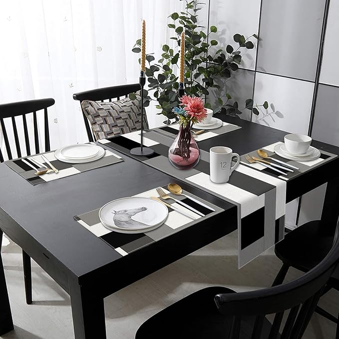 ArtSocket Geometric Table Runner and Placemats Set of 6, White Black Grey Abstract Painting Art Dining Decor for Daily Use(1 Table Runner 72 inches Long and 6 Placemats)