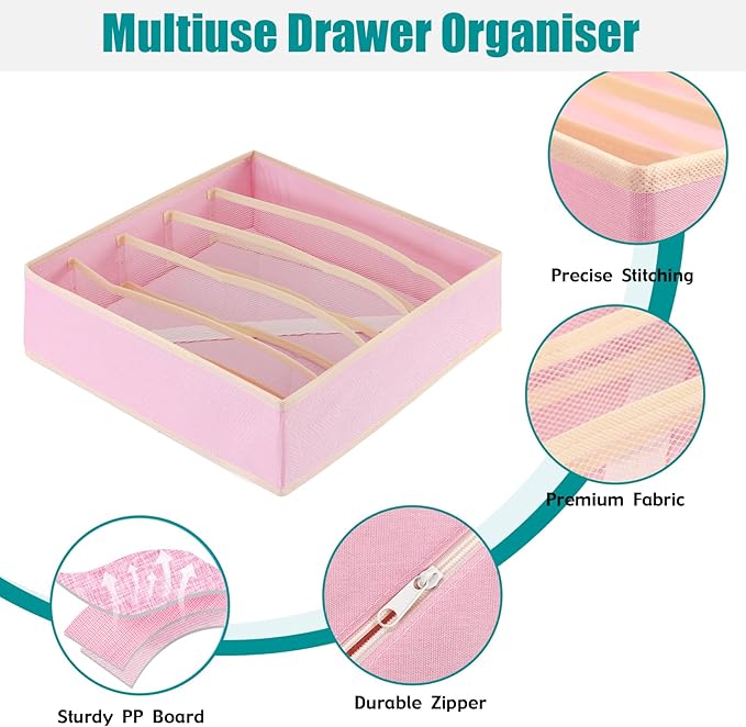 Drawer under Cabinet Clothes Organizer 5 Cell Foldable Storage Cubes Underwear Drawer Organizer Dividers Storage Boxes for Bra, Underwear(Pink)