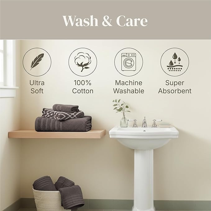 Modern Threads Classic Diamond 6-Piece 100% Cotton Towel Set – Yarn Dyed Jacquard – Includes 2 Bath Towels, 2 Hand Towels, 2 Washcloths – Absorbent, Quick Dry, Soft & Durable – Gray