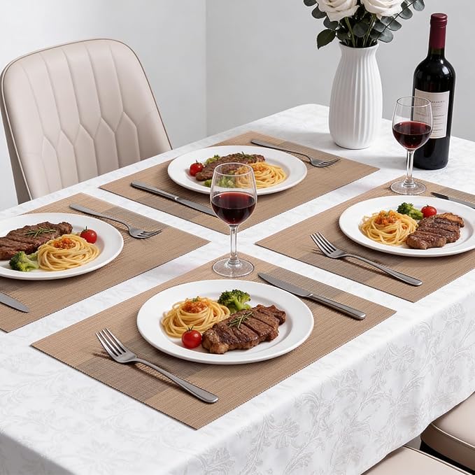 Timeet Placemats Set of 4, Heat Resistant Non-Slip Place Mats for Dining Table, Durable Washable PVC Vinyl Woven Table Mats, Resistant Kitchen Placemats Easy to Clean(Beige & Gray