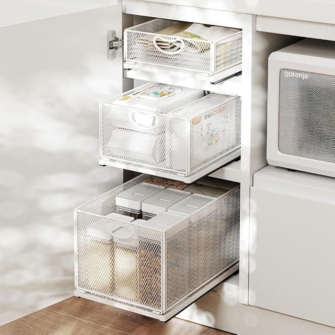 2 Pack Pull Out Cabinet Organizer, No Drill Adhesive Sliding Drawers for Kitchen, Metal Mesh Wire Storage Shelf for Pantry & Under Sink, White (9.6" W x 15.7" D x 3.9" H)