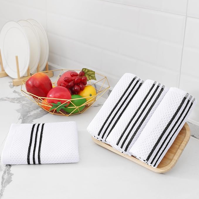Homaxy Kitchen Towels and Dishcloths Set, 12 x 12 and 13 x 28 Inches, Set of 8 Premium Cotton Waffle Weave Kitchen Towels, Super Soft and Absorbent Dish Cloths, White & Black Stripes