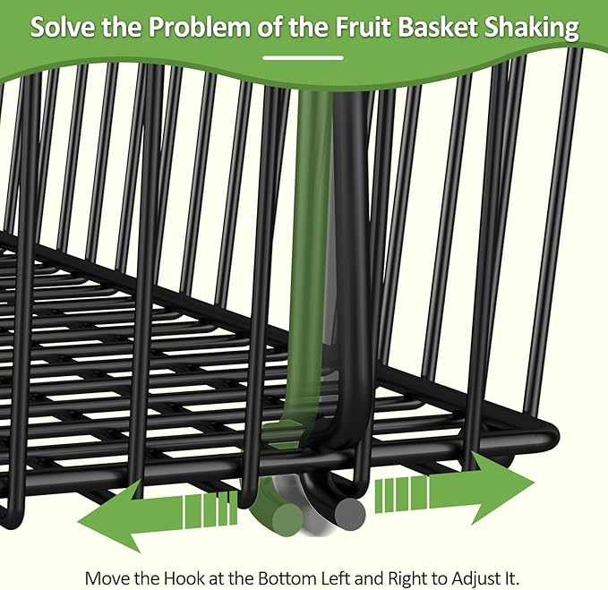 3 Tier Fruit Basket for Kitchen Counter with 2 Banana Hangers, Countertop Metal Fruit Bowl with Wooden Handle, Large Storage Stand for Vegetables, Snacks, Breads, Produce Storage – Black