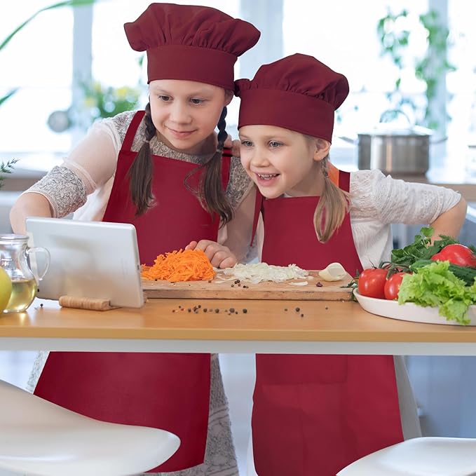 Kids Apron and Chef Hat Set Children Apron Adjustable with 2 Pockets Children Chef Painting for Cooking Baking