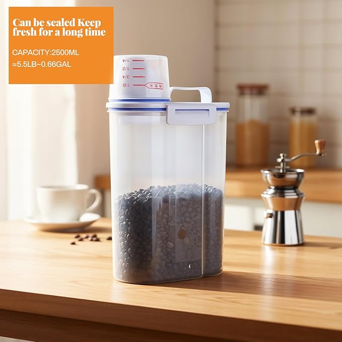 SHENLIU 4 Pcs 5.5Lbs Rice Dispenser Storage Containers, Rice Container with Measuring Cup & Pour Spout, Kitchen Plastic Airtight Container for Cereal, Grain, Flour, Sugar, Oatmeal, Dry Pet Dog Food