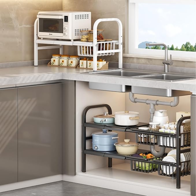 Under Sink Organizer,2 Tier Expandable Heavy Duty Metal Shelf,with 5 Removable Panels and 5 Storage Basket for Under Kitchen Bathroom Sink Organizers and Storage(Black, Large)