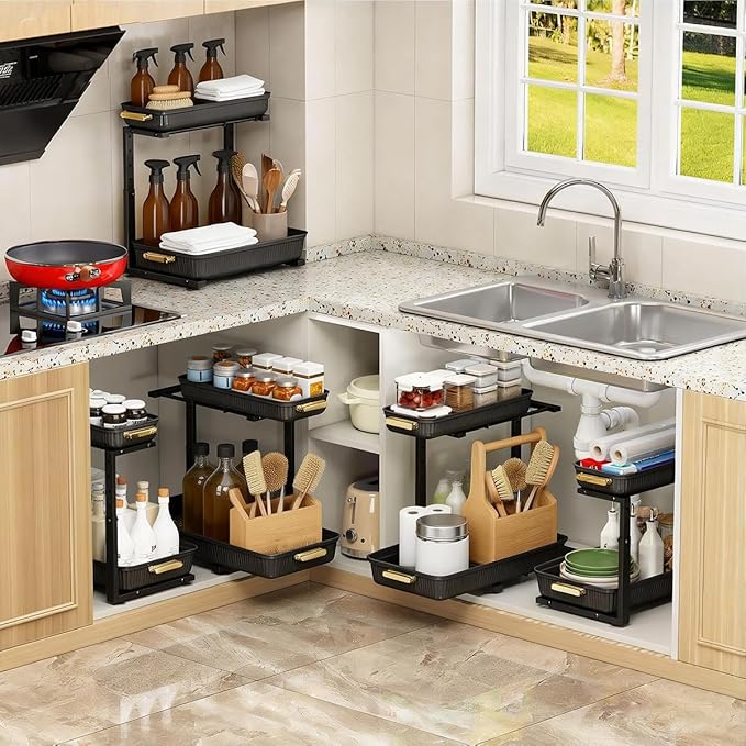 ARSTPEOE Under Sink Organizer - 2 Packs Multi-Purpose Pull-Out Storage Organizers, Slide out Pull out Metal Cabinet Organizer Shelf, Storage for Kitchen Bathroom, Black