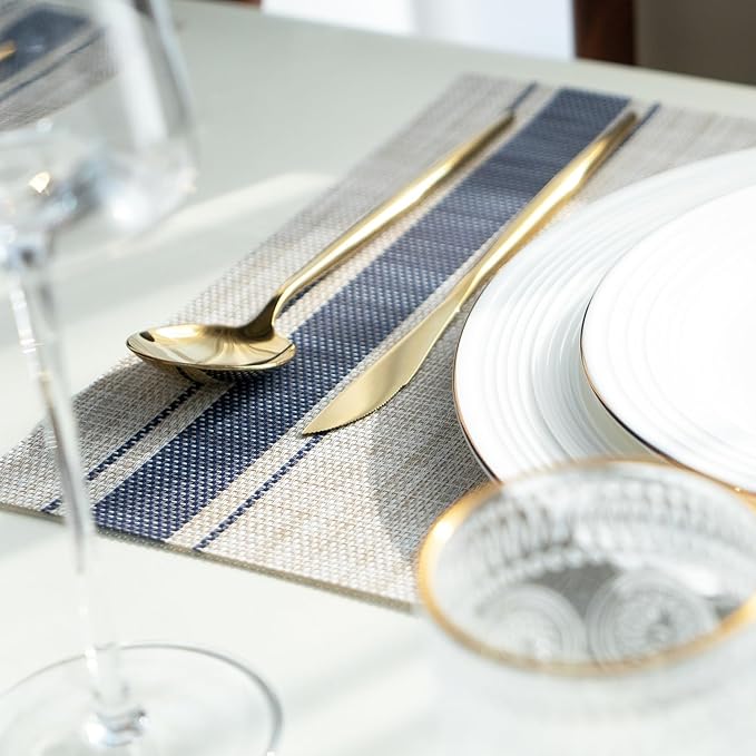 Placemats Set of 12 Vinyl/Plastic Woven Place Mats for Kitchen Table Indoor/Outdoor Washable Placemat Wipeable Dining Table Mats (Khaki Blue,12)