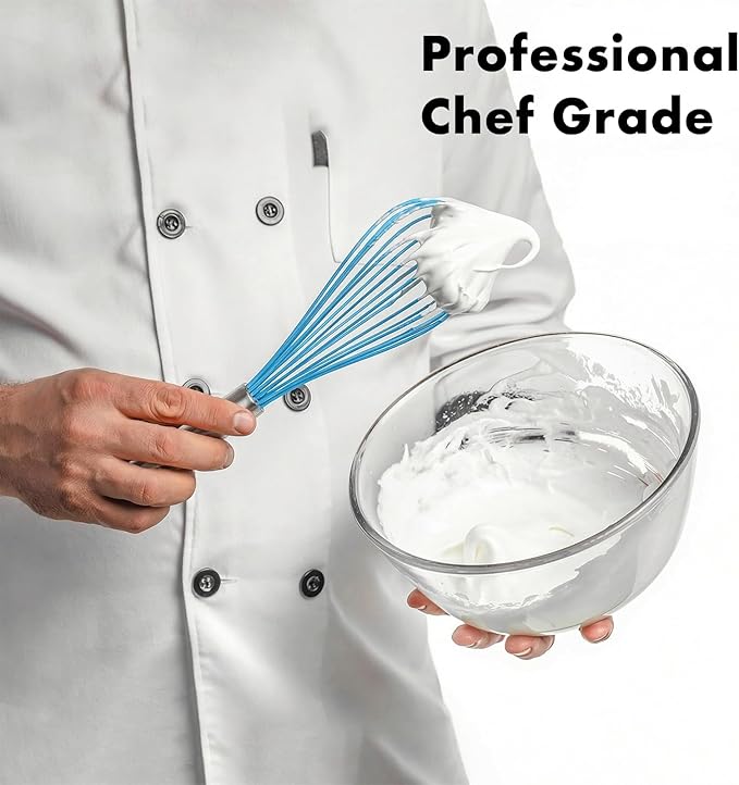 OYV 10-Inch Blue Silicone Whisk, Heat Resistant 480°F Kitchen Whisk with Stainless Steel Ergonomic Handle, Non-Scratch for Nonstick Cookware, Dishwasher Safe, Perfect for Blending, Cooking & Beating