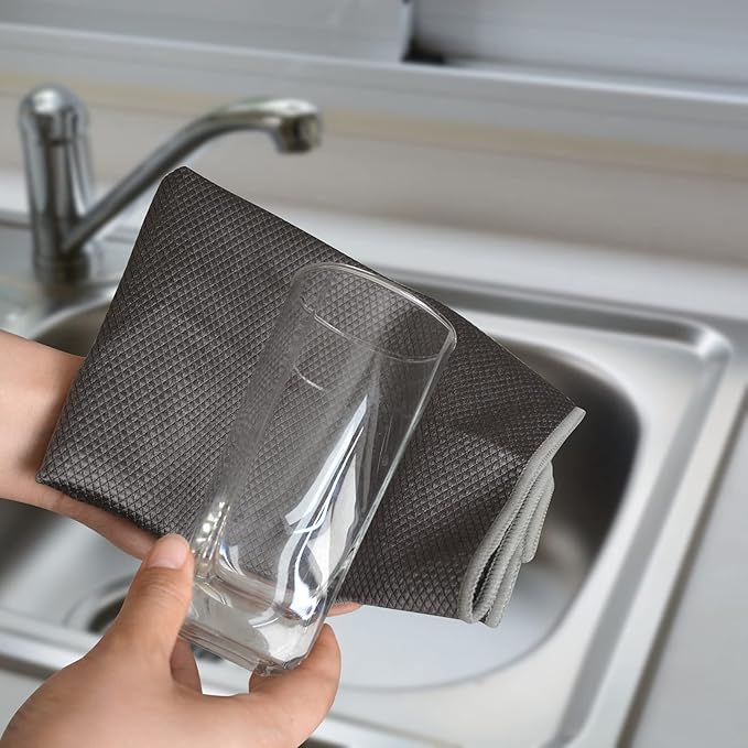 SINLAND Microfiber Glass Cleaning Cloths Wipes for Window, Car Windows, Mirrors, Eye Glass, Lens and Stainless Steel, Lint Free, Streak Free, 6-Pack, 16x16 Inch, Grey