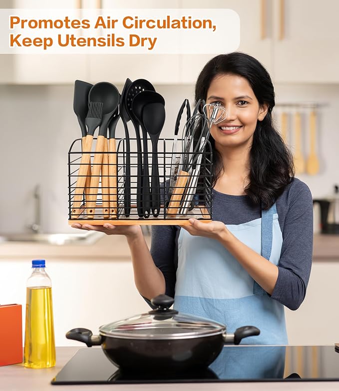 Large Utensil Holder for Kitchen Counter - 11.8"x 6.7"x 4.7", 3 Compartments Aesthetic Design, Kitchen Utensil Holder Utensil Organizer (Metal+Bamboo)