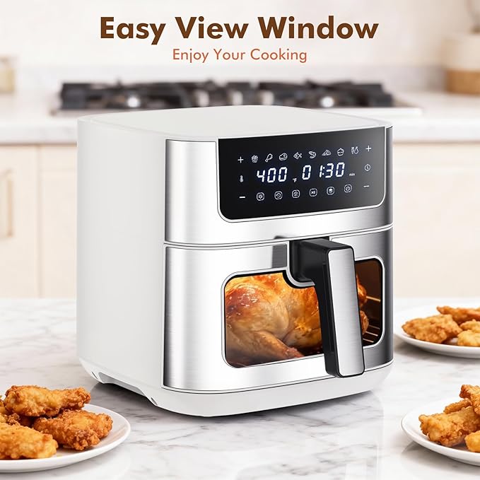 OLIXIS 6.34QT Air Fryer with Window, 8 Food Presets with 400°F Max Heat, 90-Min Timer, Nonstick Dishwasher-Safe Basket for Air Fry, Roast, Reheat, Bake, Stainless Steel, White