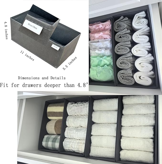 Bructhun Sock Drawer Organizer 3 Pack - Collapsible Fabric Storage Bins for Underwear Divider, Small Closet Organizers with 3 Compartments, Gray