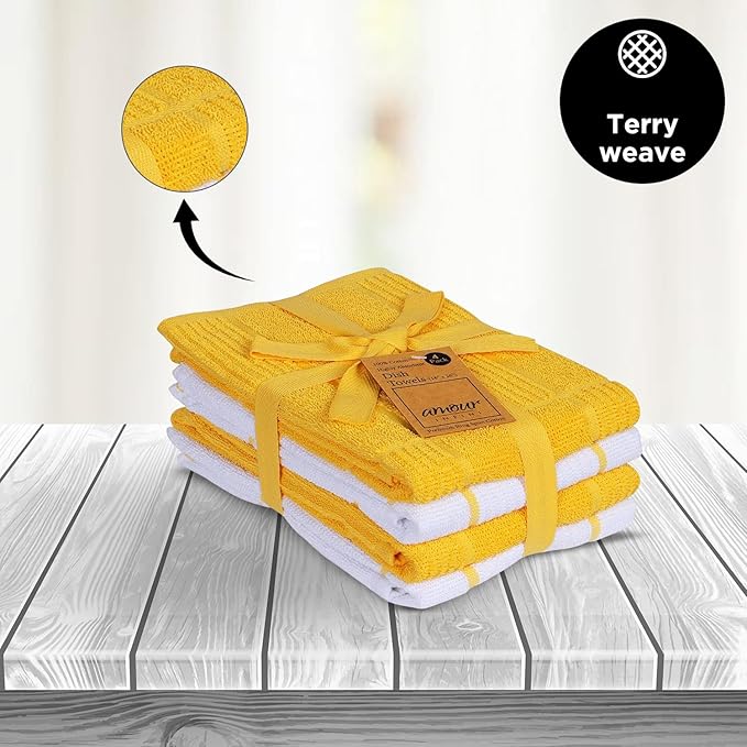 AMOUR INFINI Kitchen Towels Pack of 4, Terry Cotton Dish Towels, Ultra Absorbent, Quick Drying Hand & Tea Towels, Soft Durable Cleaning Cloths with Hanging Loop, 16 x 26 Inch (Yellow)