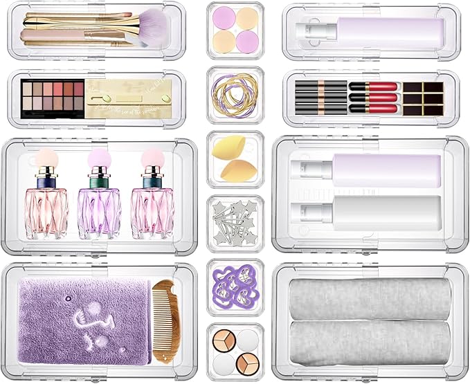 20 Pcs Clear Drawer Organizer, Adjustable Drawer Storage Box, 3-Size Desk Drawer Organizer, Acrylic Storage Bins for Makeup, Kitchen Utensils, Bedroom Dressers Tool Organizer for Gadgets
