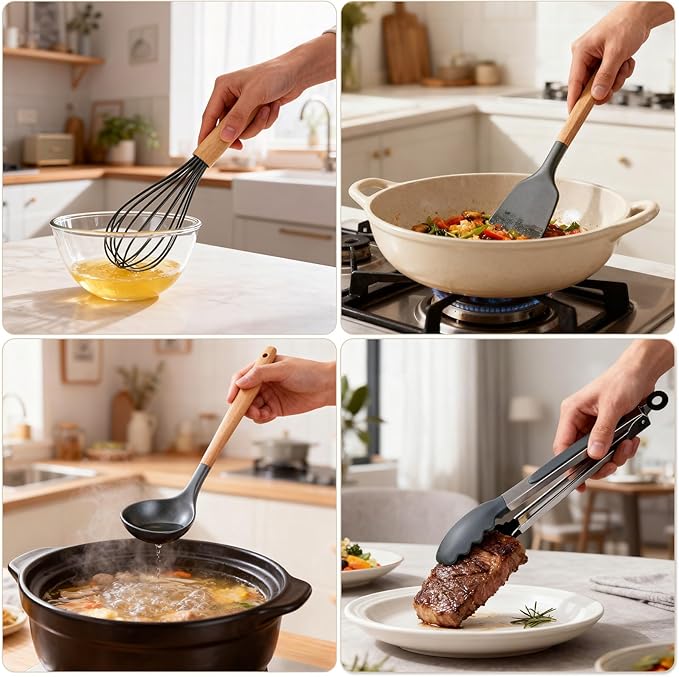 Silicone Cooking Utensil Set,12 PCS Cooking Kitchen Utensils Set, Nonstick Kitchen Utensils 446°F Heat-Resistant Cookware Kitchen Tools of Spoon,Brush,Whisk,Spatula,Turner Tongs (Gray)