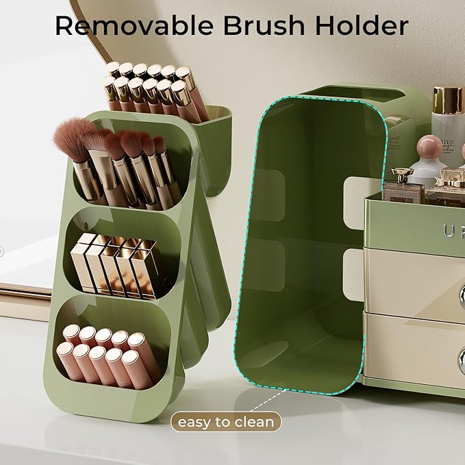 Makeup Organizer for Vanity with Brush Holder, Large Plastic Bathroom Countertop Skincare Organizer with 2 Drawers, Spacious Cosmetic Display Case for Perfumes, Eyeshadow Palettes, Nail Polishes