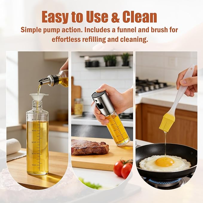 Oil Sprayer for Cooking, Upgraded 8 Pack Refillable Olive Oil Spray Bottle Mister with Brush for Air Fryer Oil Vinegar Portable Glass Kitchen Gadget for BBQ, Salad, Roasting, Grilling Local Stock