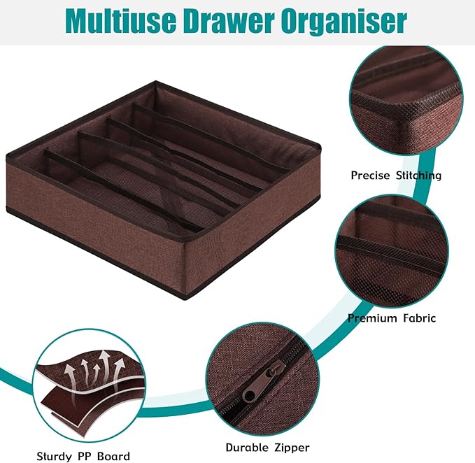 Drawer under Cabinet Clothes Organizer 5 Cell Foldable Storage Cubes Underwear Drawer Organizer Dividers Storage Boxes for Bra, Underwear(Coffee)