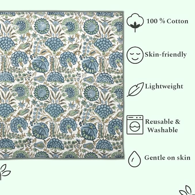 Ridhi Asparagus Green Hand Block Print 100% Cotton Napkins 18" x 18" (Set of 4) Reuseable Kitchen Napkins Cloth Decor Dinner Party Wedding Cocktail Gift for Spring, Easter, Valentine