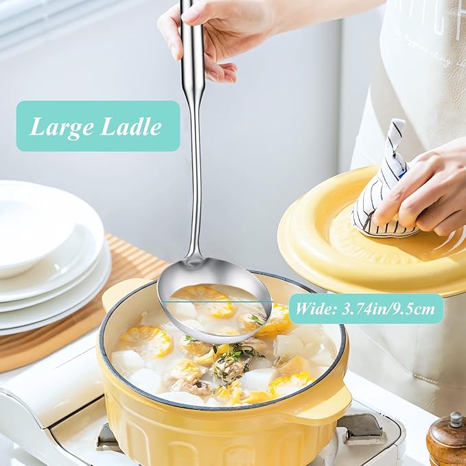 Soup Ladle, Metal 316 Stainless Steel Kitchen Ladles Spoon, Large Cooking Ladel Kitchen Utensil Long Handle Deep Spoons for Soup Stirring Serving