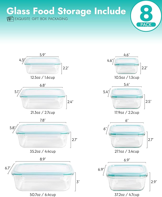 8-Pack Borosilicate Glass Food Storage Containers Set with Airtight Lids – Oven, Microwave & Freezer Safe, Leak-Proof, BPA-Free – Baking, Meal Prep & Gift Box