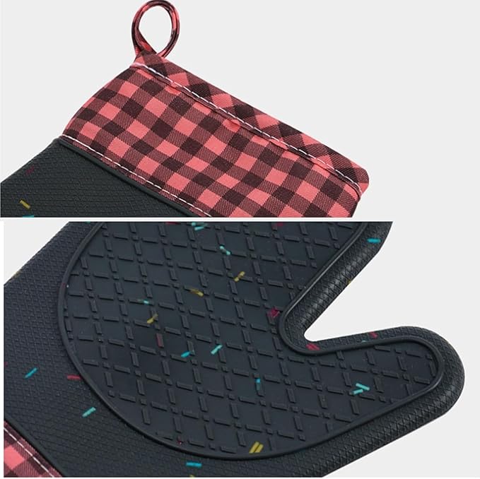 Wanheart Silicone Oven Mitts Heat Resistant, Non Slip Baking Mittens with Cotton Lining, Cute Confetti Pink Kitchen Decor for Cooking, 2-Pack