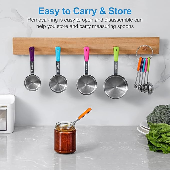 Bopei Measuring Cups and Spoons Set Stainless Steel 12 Piece for Cooking and Baking (7 Cups + 5 Spoons, Colorful Handles)