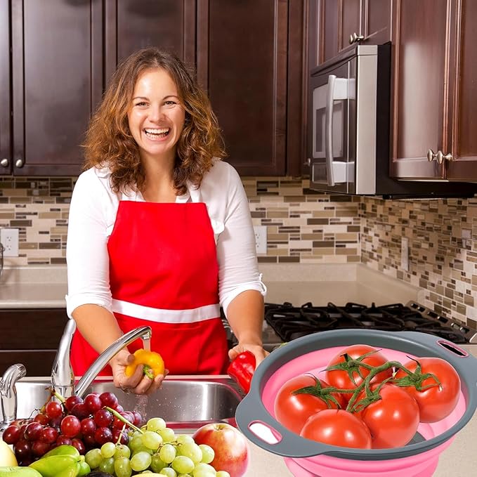 Pink Round Silicone Collapsible Colander – Small Silicone Round Kitchen Strainers with Plastic Handles Foldable Kitchen Strainer Perfect for Draining Pasta Vegetable and Fruit