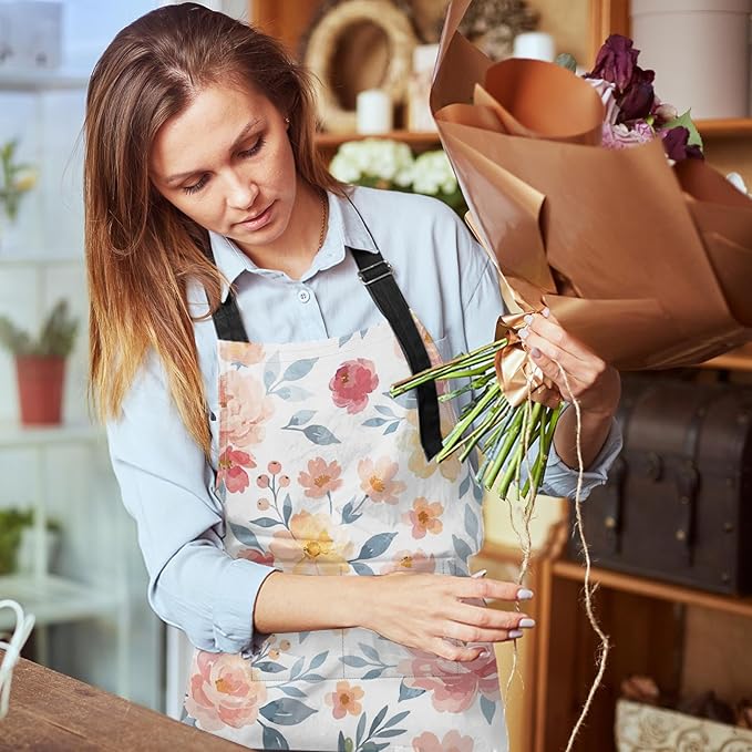 Britimes Apron Home Kitchen Cooking Baking Gardening for Women Men With Pockets Romantic Floral Flower Rose Pink 32x28 inch