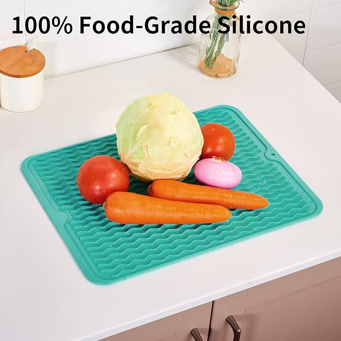 ZLR Silicone Dish Drying Mat & Heat Resistant Trivet (12" x 16") - Waterproof Counter Protector for Air Fryer, Coffee Maker - Non-Slip, BPA Free Kitchen Pad, Easy Clean Dishwasher Safe (Mint Green)
