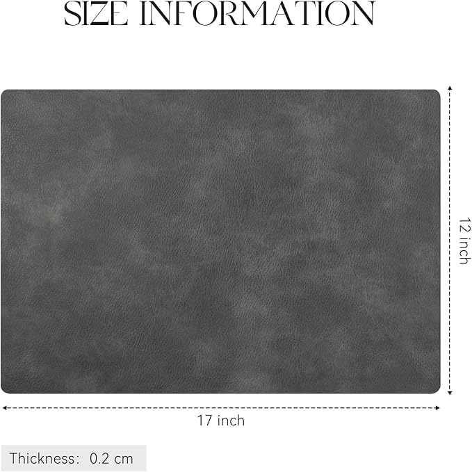 MOSAYT Vinyl Placemats Set of 8-12 X 17 Inch - Faux Leather 100% Waterproof Oil-Proof Wipeable PU Place Mats, Heat Resistant Reversible Table Mats for Kitchen, Dining, Outdoor (Dark Grey)