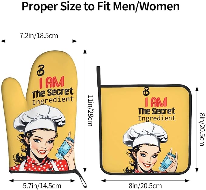 Cute Yellow Retro Chef Humorous Oven Mitts & Pot Holders Set of 3, Heat Resistant Funny Kitchen Gloves and Hot Pads for Cooking Baking Grilling, Gifts for Women Cooking Lovers, Home Decor, Yellow Red