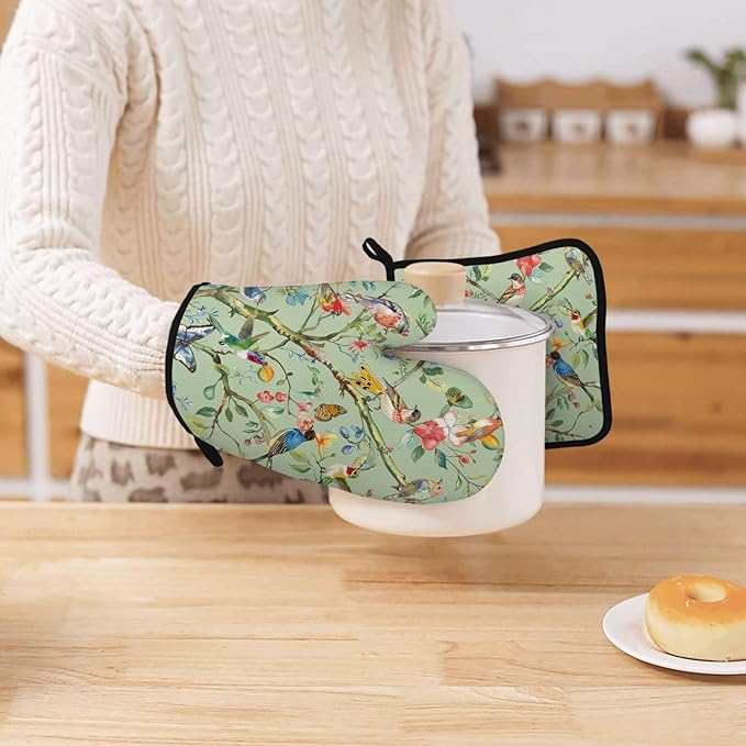 Bird Oven Mitts and Pot Holders Sets 3PCS, Floral Botanical Print Silicone Oven Mitts Birthday for Bird Lover Garden Kitchen, Song Birds Heat Resistant Non-Slip Oven Gloves for Mom Wife Sister BFF