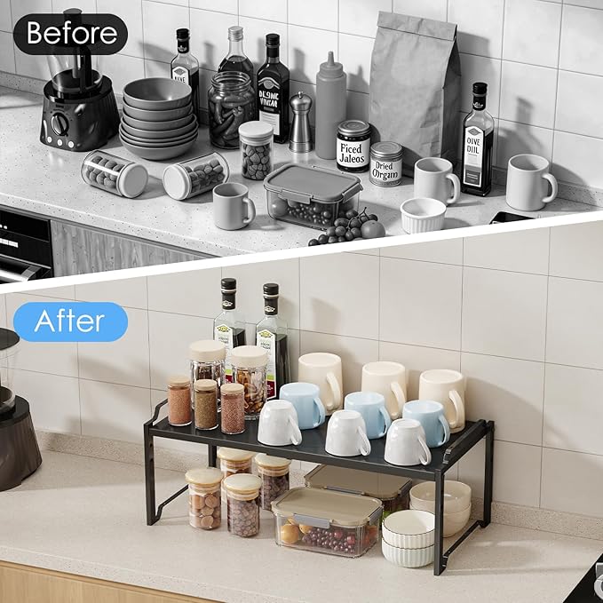 2 Pack 11โ Width Expandable Kitchen Cabinet Organizer Shelves, Metal Kitchen Countertop Organizers and Storage Shelving, Heavy Duty Stackable Storage Rack Shelf For Pantry Cupboard Counter Tabletop