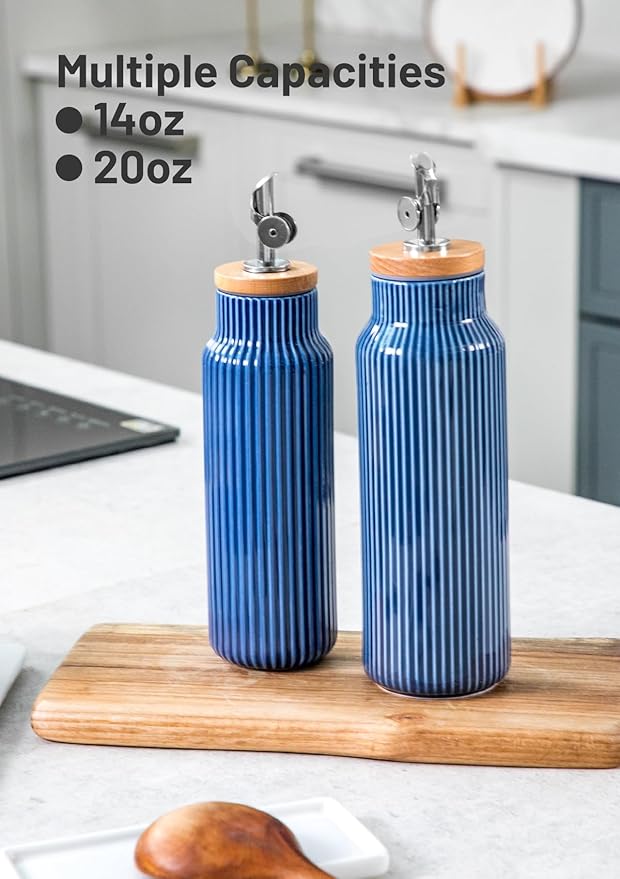 Nucookery 20oz Ceramic Olive Oil Dispenser Bottle for Kitchen spray, Large Capacity Cooking Oil Container for Storage Vinegar, Soy Sauce, Coffee Syrup, Liquids, Blue