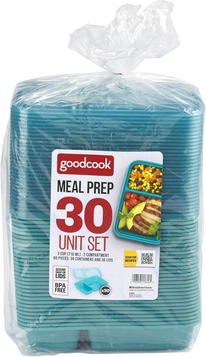 GoodCook Meal Prep Rectangle Two Compartment 60-Piece, Teal, Made without BPA (Pack of 4)