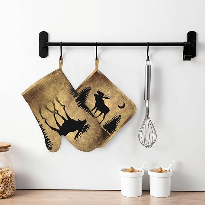 Rustic Elk Moose Deer Forest Pine Tree Moon Design Oven Mitts and Pot Holders Sets Silicone Moose Kitchen Mitts Potholders Heat Resistant 4Pcs Moose Oven Gloves Hot Pads for Kitchen