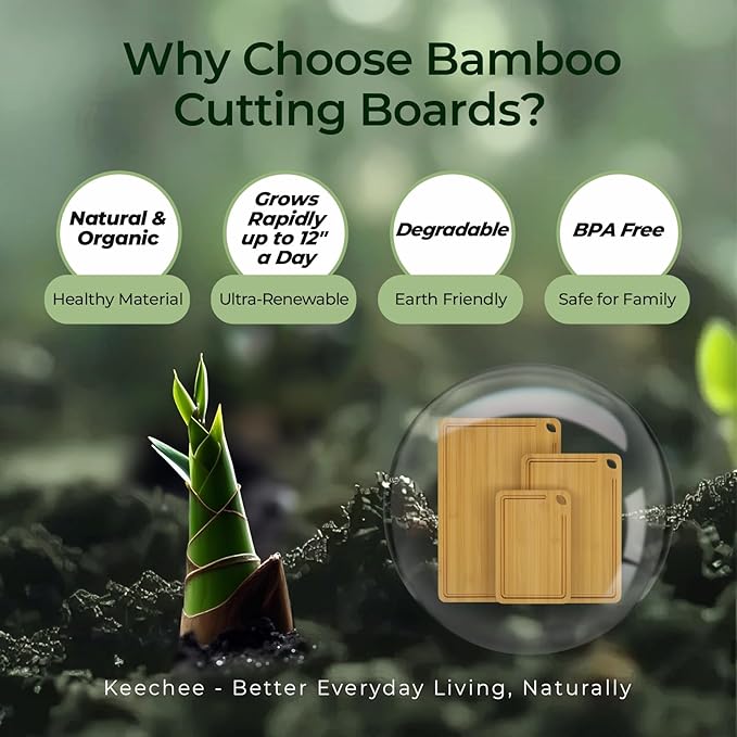 Keechee Wood Cutting Board for Kitchen - Reversible Bamboo Cutting Boards Gift Set of 3 with Juice Groove, Wooden Chopping Board for Meat, Fruit, Vegetables & Cheese (Pre Oiled, Natural)