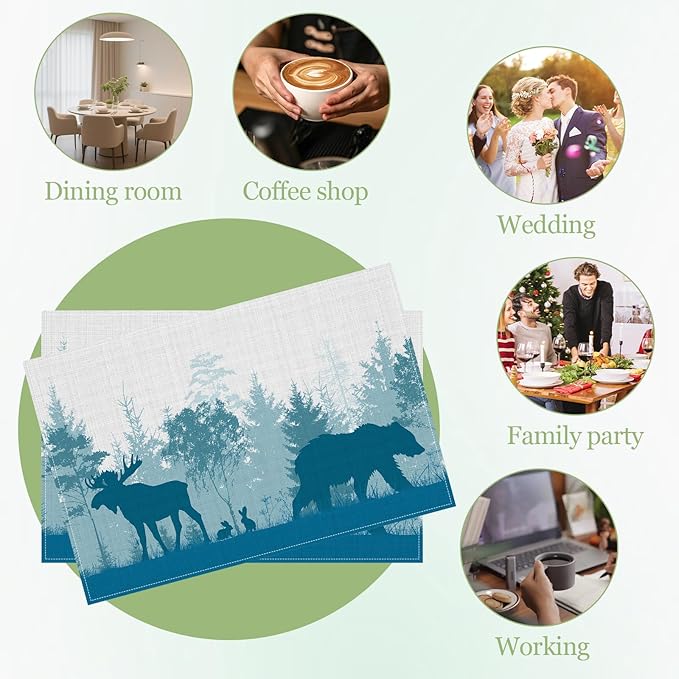 Misty Bear Deer Placemats Set of 6, Washable Heat Resistant Table Mat Forest Animal Linen Place Mats for Party Kitchen Dining Home Decor 12x18 Inch