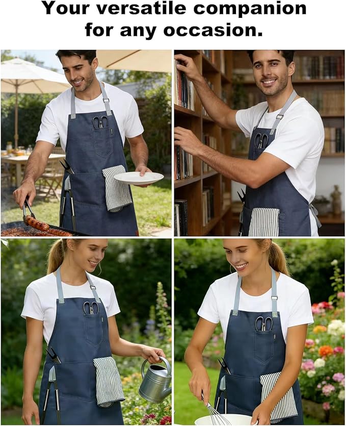 Womens Apron With Pockets Adjustable Shoulder Strap,Apron For Men 38.5" Extra-Long Straps Fit More Body Types,Chef Apron For Kitchen Garden Barbecue Woodworking. (Light Blue)