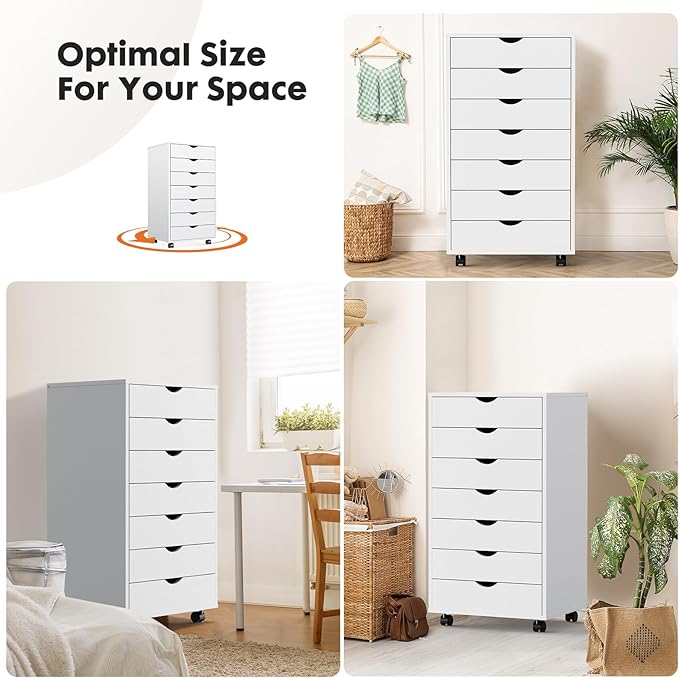 OLIXIS 7 Drawer File Cabinet, Mobile Filing Cabinet Under Desk Storage Organization with Wheels, Vertical Filing Chest Rolling Wood Small Desk Printer Stand for Home Office, White