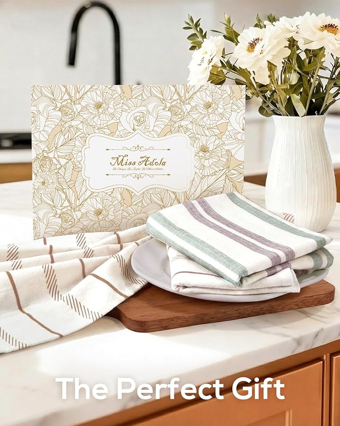 Miss Adola Neutral Flour Sack Kitchen Towels - 3 Pack 18"x 26" Cotton Farmhouse Fast Drying Decorative Hand Tea Towel Dishcloth with Hanging Loop for Home Decor Housewarming Gift, Striped
