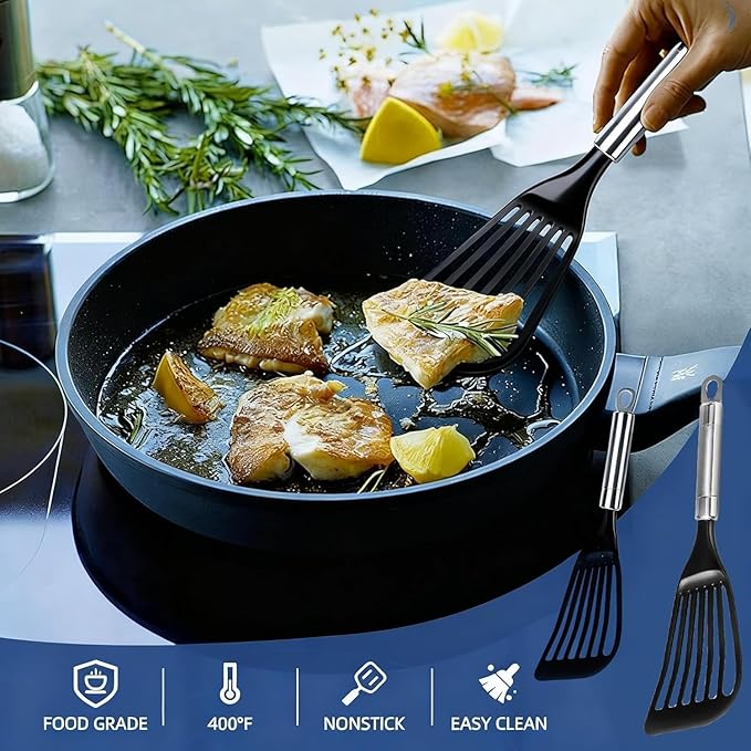 KSENDALO Fish Spatula for Nonstick Cookware, Thin Flexible Slotted Turner, Plastic Kitchen Flipper for Pancake & Egg, Nonstick Safe Cooking Spatula (2Pack)