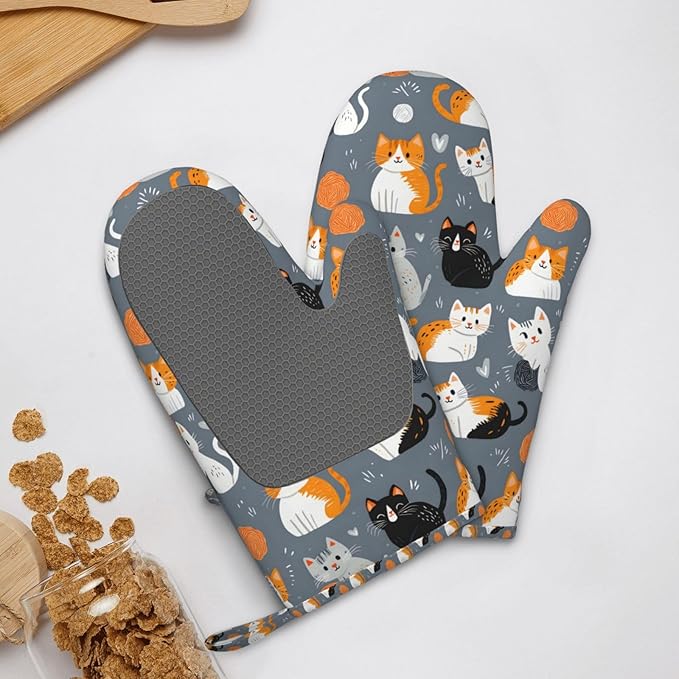 Grey Cat Silicone Oven Mitts Set of 2, Heat Resistant up to 500°F, Kitchen Oven Gloves with Non-Slip Grip and Soft Cotton Lining for Baking, Cooking and BBQ