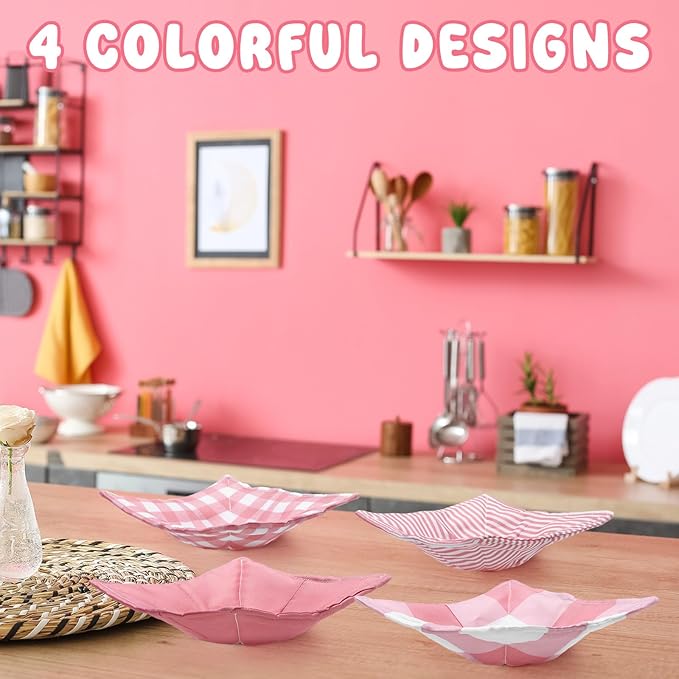 CHENGU 4 Pcs Pink Plaid Cotton Microwave Bowl Cozy Holders for Hot Food Hot Pad Soup Bowl Potholder Heat Resistant Multipurpose Quilted Safe Holder for Kitchen Plate Supply Pink, White