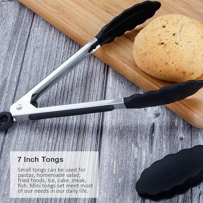 Mini Silicone Tongs Set of 2, Small Serving Tongs (7 inch) with Silicone Tips and Stainless Steel Handle, Great for Steaks, Salads, Vegetables