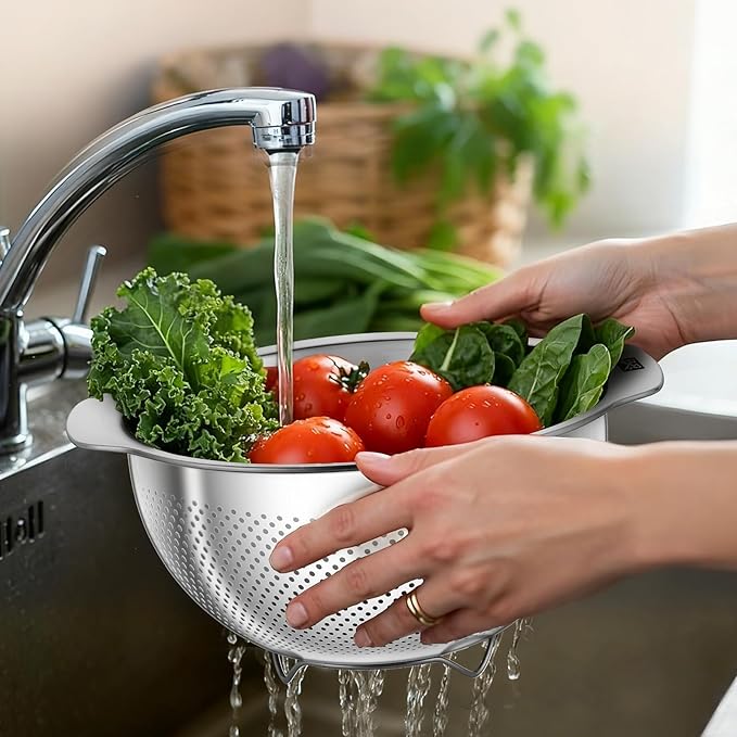 GOLDEN KEY 3Pcs Stainless Steel Colander Set for Kitchen - 3QT/4QT/5QT, Multi-Size Strainer for Draining Pasta, Washing Vegetables, Straining Hot Foods & Grease, Nesting Storage, Dishwasher Safe