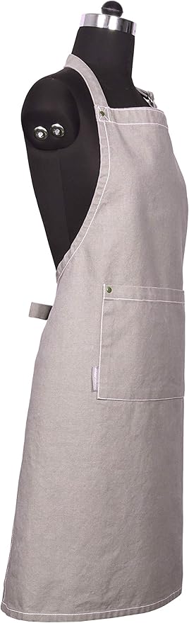 AMOUR INFINI Cotton Solid Aprons for Women with Pocket, Adjustable Strap and Waist Ties Washed Chef Aprons for Cooking, Baking and Gardening (27.5x33 Inches - Beige)
