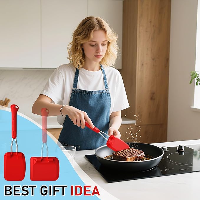 MFTEK Silicone Spatula Set, Eggs Flipper, Adjustable Angle Spatula Turner for Pancake, Fish, Burger, Swappable 2 Size Spatula Heads, Flexible, Heat-Resistant (Red)
